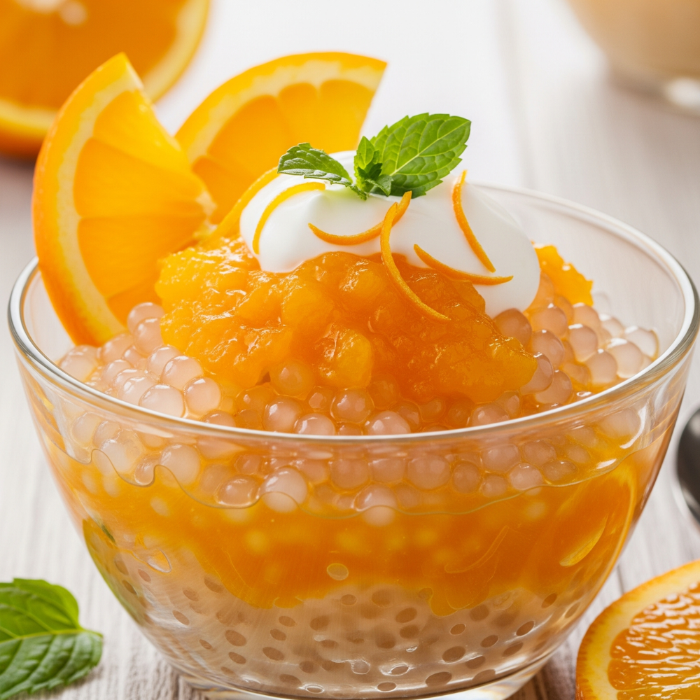 Sagu com Calda de Laranja e Gengibre